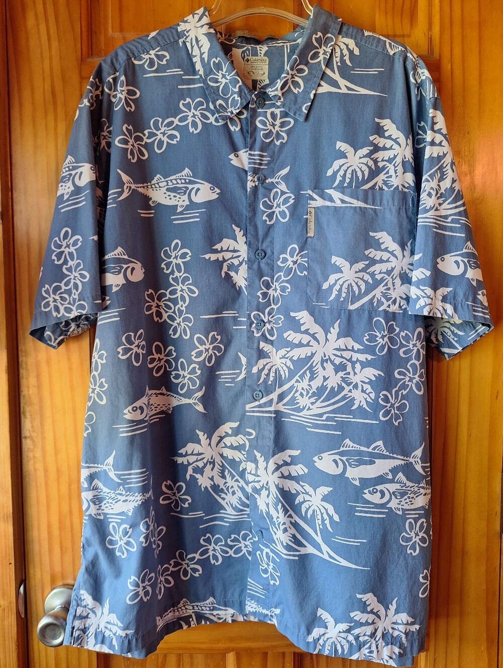 Blue Hawaiian Fish Print Button-Up Shirt By Columbis XL